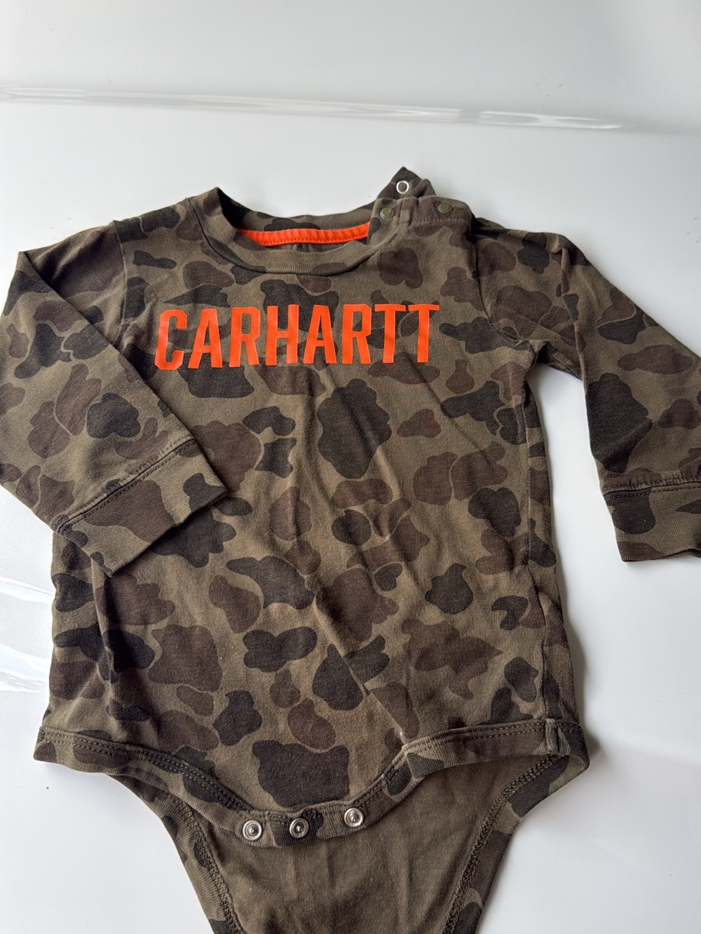 Carhartt Olive Camo Long-Sleeve Bodysuit with Orange Logo